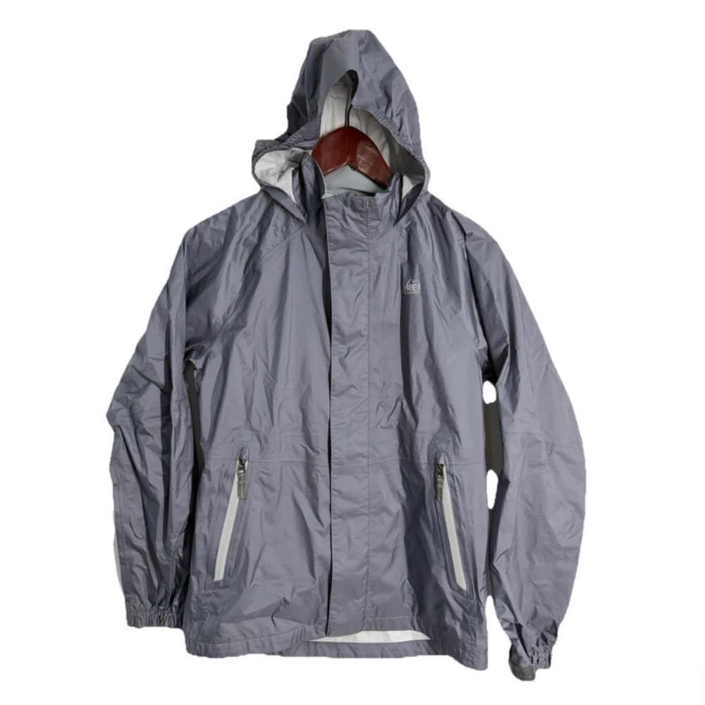 REI Co-op Rainwall Rain Jacket Kids Large‎ 14-16 Gray Silver Full Zip Waterproof